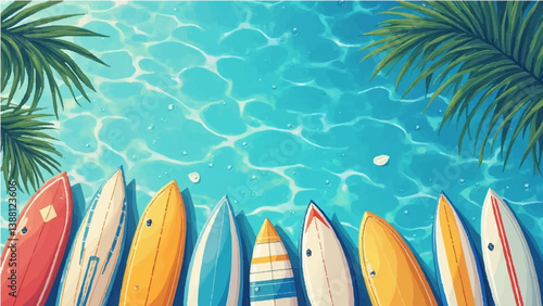 Quadro su tela vector illustration of multiple surfboards lined up vertically along the bottom edge of the image, with a top-down view of clear blue ocean water in the background