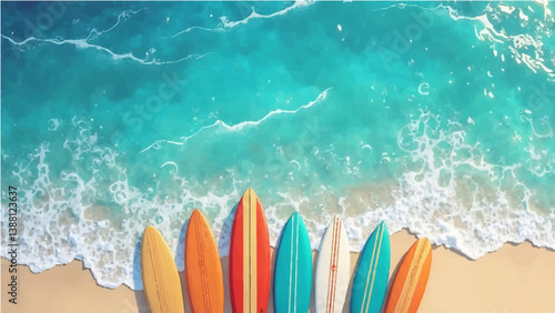 vector illustration of multiple surfboards lined up vertically along the bottom edge of the image, with a top-down view of clear blue ocean water in the background. The water has light reflections and