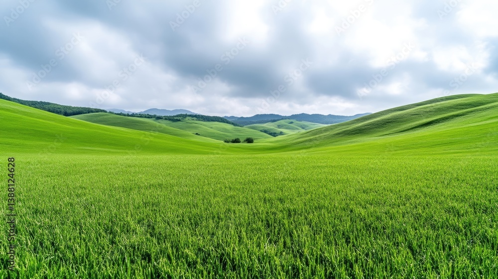 Rolling green hills stretch to the horizon under a cloudy sky. The foreground features a vast field of vibrant green grass. The image is high-resolution with natural lighting. It evokes a peaceful, Rolling green hills stretch to the horizon under a cloudy sky. The foreground features a vast field of vibrant green grass. The image is high-resolution with natural lighting. It evokes a peaceful,