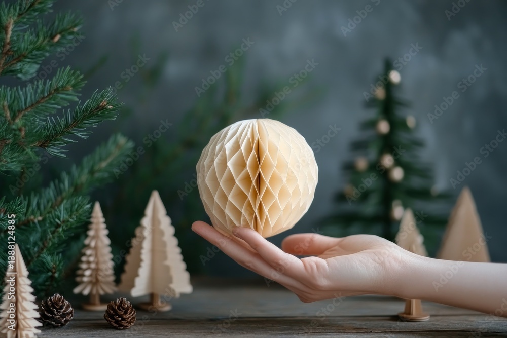 Decorative Paper Globe Held Against a Backdrop of Faux Pine Trees During the Holiday Season