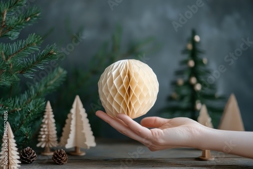 Obraz na płótnie Decorative Paper Globe Held Against a Backdrop of Faux Pine Trees During the Holiday Season w salonie