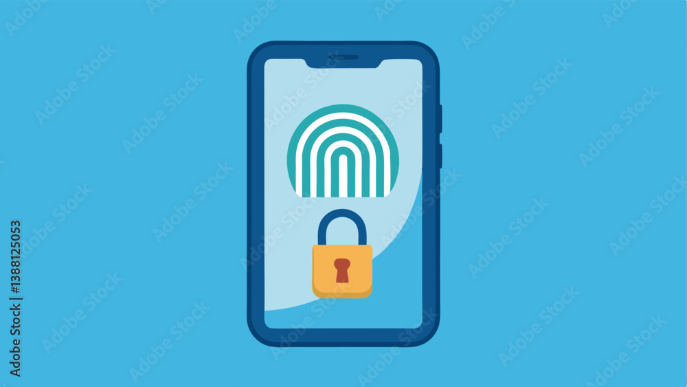 Digital Fingerprint on Phone Screen A smartphone screen displaying a digital fingerprint with a padlock signifying the significance of biometric authentication for security. Digital Fingerprint on Phone Screen A smartphone screen displaying a digital fingerprint with a padlock signifying the significance of biometric authentication for security.