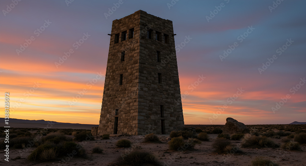 Monumental Stone Watchtower Against a Vibrant Sunset in the Expansive Desert Landscape Monumental Stone Watchtower Against a Vibrant Sunset in the Expansive Desert Landscape