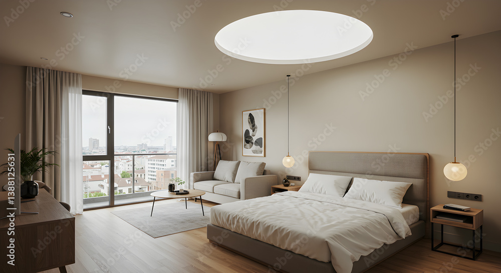 Fototapeta premium Modern Studio Apartment With Circular Skylight Above The Bed And City View