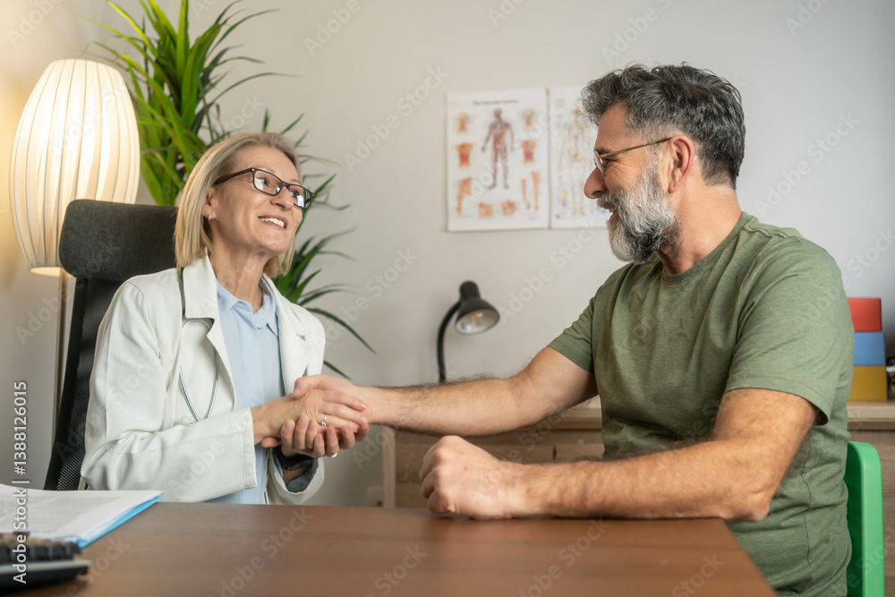 Obraz premium Smiling female doctor shaking hands with male patient in doctor's office. Friendly and professional healthcare provider offering a warm greeting in a clinical setting. Diversity in Healthcare