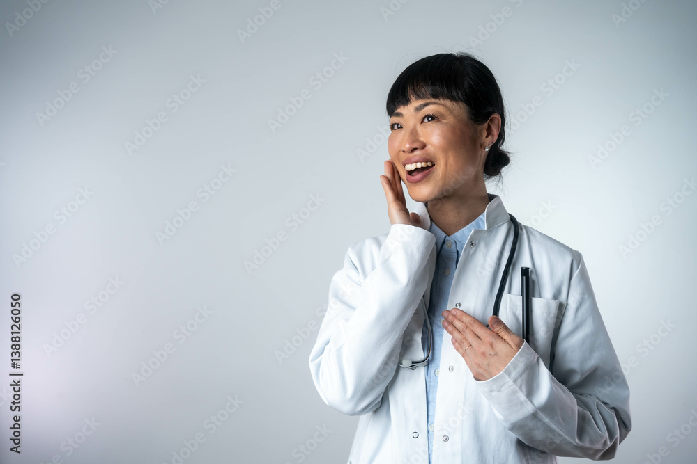 Beautiful Asian female doctor with stethoscope, smiling confidently. Medical professional standing with copy space for text on white background. Beautiful Asian female doctor with stethoscope, smiling confidently. Medical professional standing with copy space for text on white background.