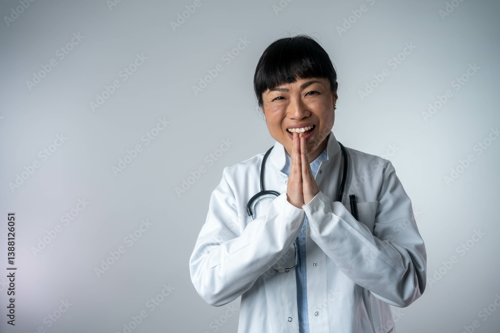 Cheerful Asian woman doctor with palms together, smiling warmly. Welcoming healthcare worker in lab coat, isolated studio shot. Cheerful Asian woman doctor with palms together, smiling warmly. Welcoming healthcare worker in lab coat, isolated studio shot.