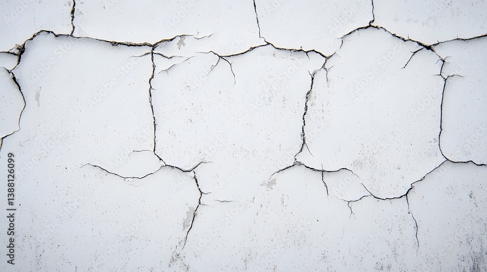 Obraz premium A detailed close-up shot reveals a textured white wall surface with a network of extensive cracks creating a distressed and aged aesthetic perfect for design backgrounds.