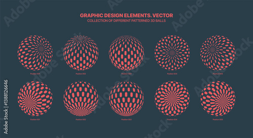 Assorted Various Red 3D Balls In Different Positions With Dash Halftone Pattern Vector Graphic Set Isolated On Black Background. Contemporary Graphics Variety 3D Sphere Design Elements Collection