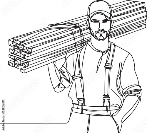Lumberjack Carrying Wooden Boards Line Art Illustration