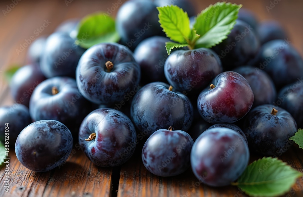 Fototapeta premium Fresh black plums with green leaves on wooden surface. Juicy, ripe fruit harvest of summer. Healthy organic dessert for nutrition, food. Abundance of ripe plums on the table.