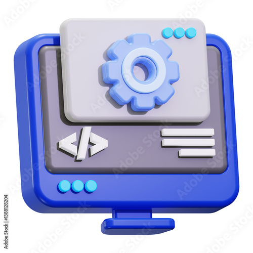 Web development concept with computer monitor and gear rendering. Suitable for technology and web design projects needing a symbolic visual