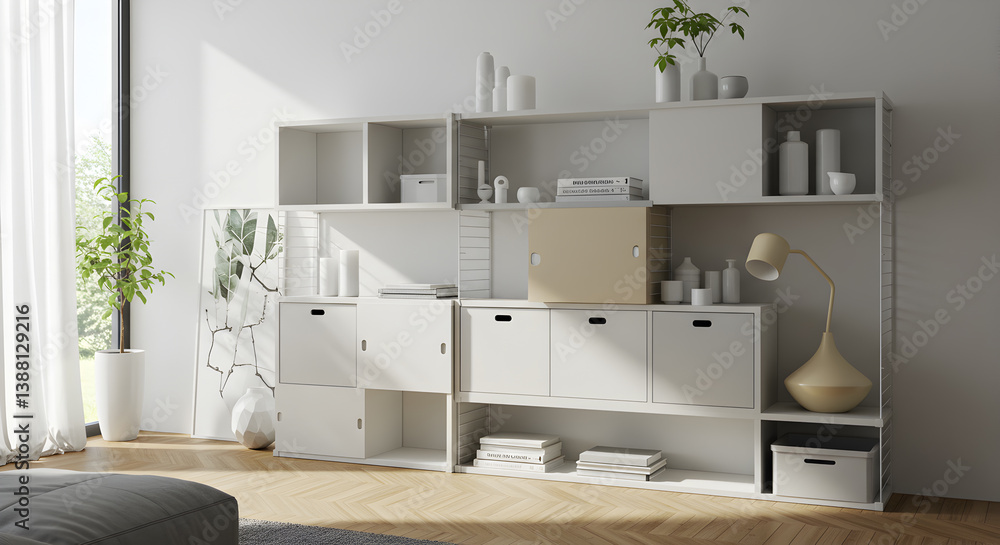 Contemporary Modular Shelving System with Open and Closed Storage Units Contemporary Modular Shelving System with Open and Closed Storage Units