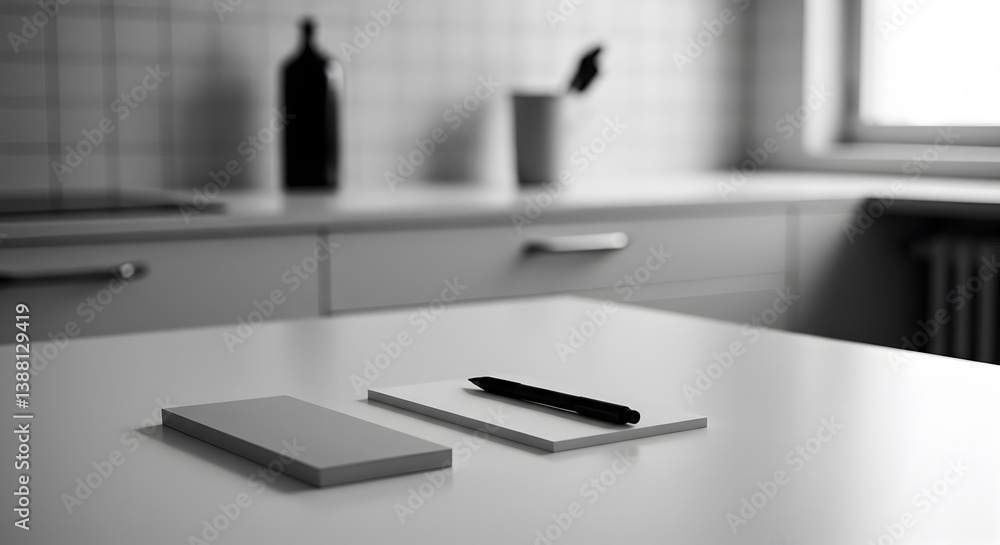 Minimalist Kitchen Desk Still Life With Notepad And Dried Ink Pen Minimalist Kitchen Desk Still Life With Notepad And Dried Ink Pen