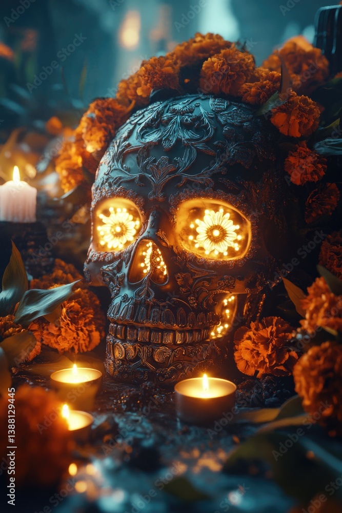 Skull with candles and flowers Skull with candles and flowers