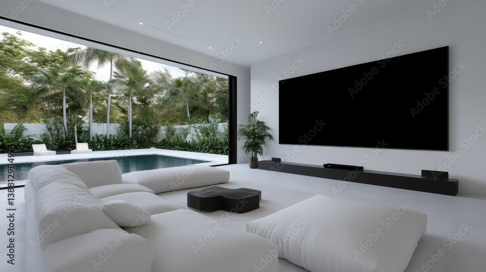 Fototapeta premium Modern minimalist living room with pool view. Spacious, bright, and contemporary design with large windows showcasing a tranquil outdoor space