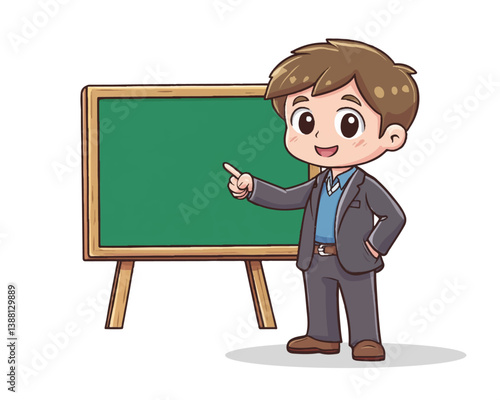 Little Boy in Formal Attire Standing by Green Board with Blank Space, Vector Illustration