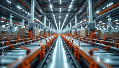 Automated sorting facility with conveyor belts for logistics, delivery. Advanced tech infrastructure. Warehouse distribution system features barcode scanners, machinery, automation. Modernization,
