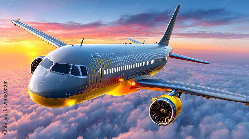 Fototapeta premium Commercial airplane flying above clouds at sunset