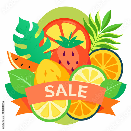 Tropical fruit sale banner featuring a colorful vector illustration of various tropical fruits.