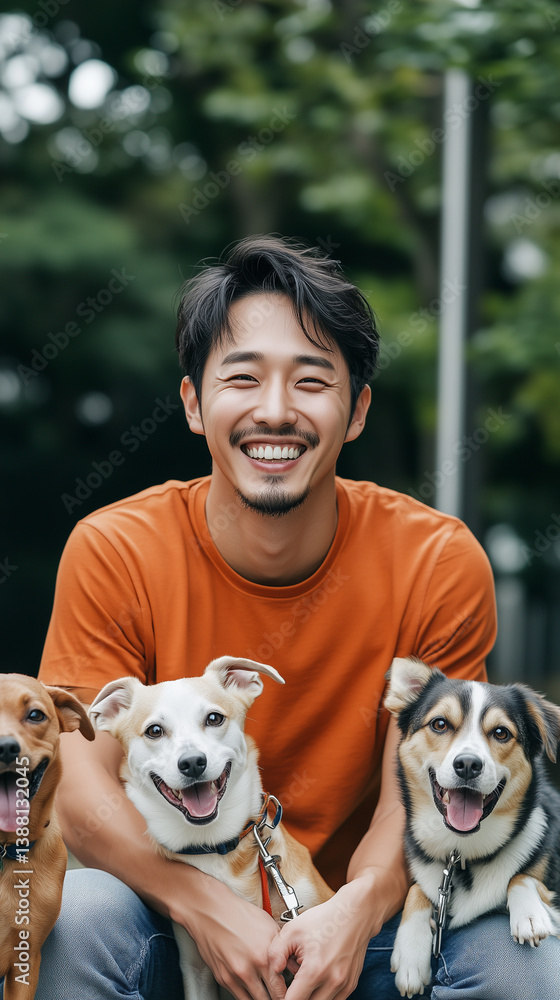 Young korean man with an orange t-shirt smiling and posing with three happy dogs in a park