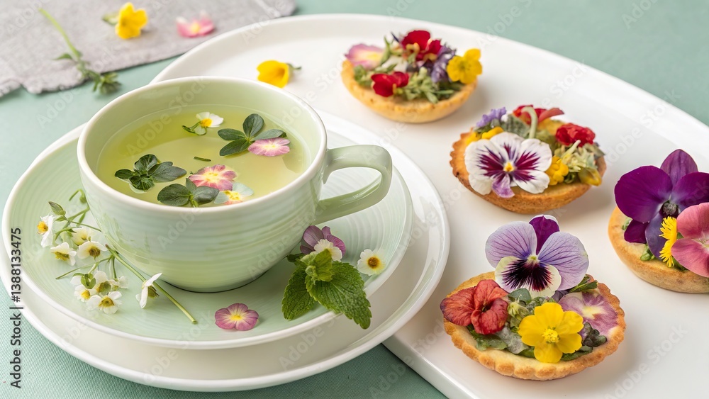Spring floral tea served with an arrangement of edible flower delicacies in a cozy setting Spring floral tea served with an arrangement of edible flower delicacies in a cozy setting