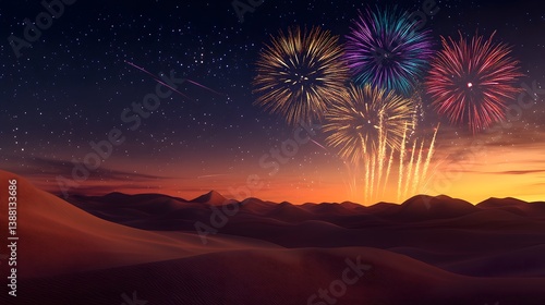 A quiet desert with colorful fireworks exploding over the sand dunes