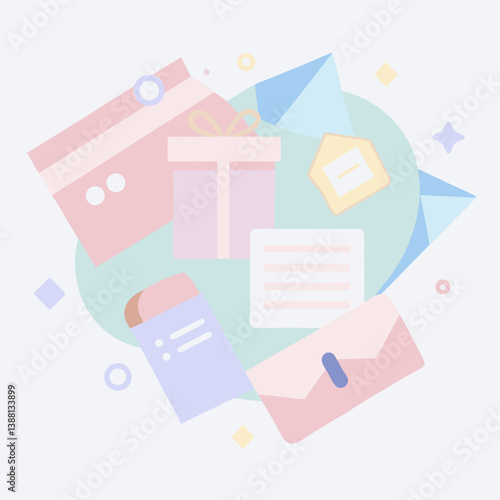 Shopping bags and crumpled paper arranged on a soft pink background, creating a vibrant and playful visual composition.
