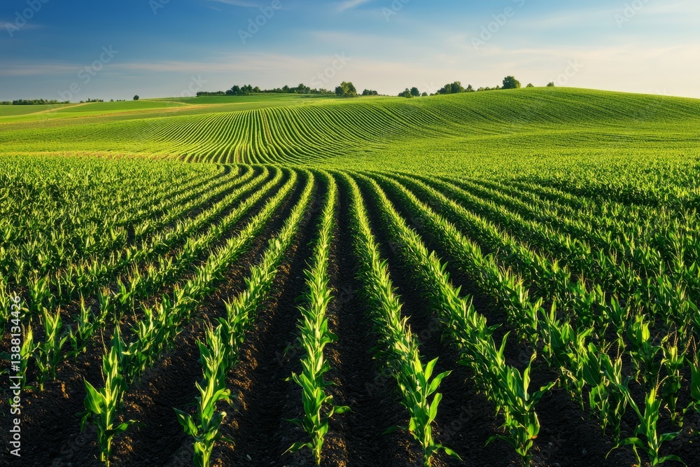 Healthy corn plants growing in a field under a beautiful blue sky Healthy corn plants growing in a field under a beautiful blue sky