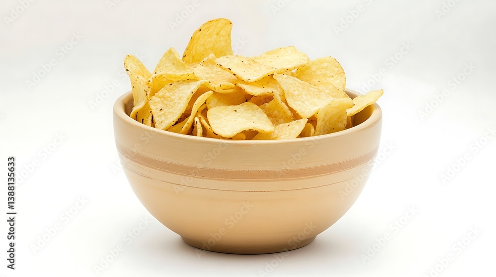 A bowl filled with potato chips on a plain white background shot A bowl filled with potato chips on a plain white background shot