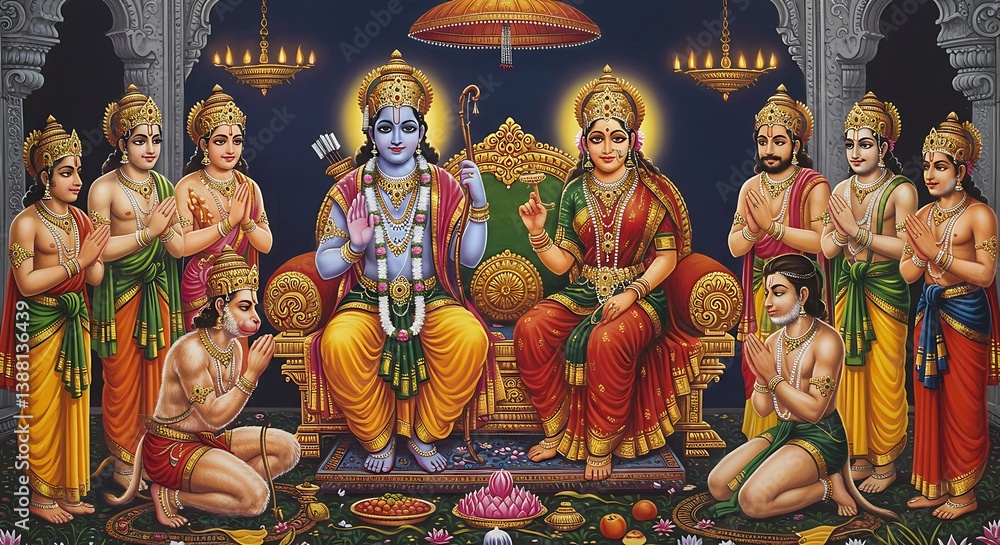 Fototapeta premium Ram and Sita enthroned with devotees, an artistic depiction of devotion