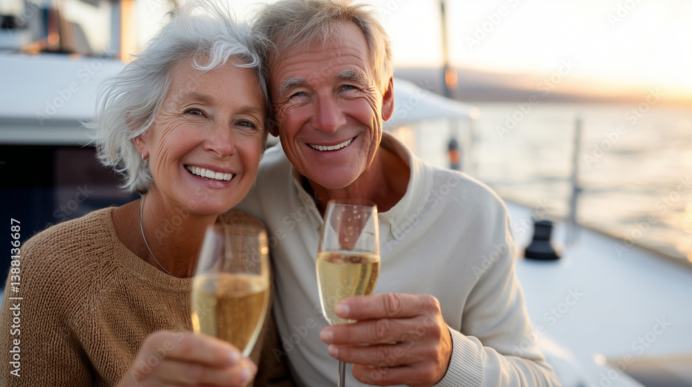 Happy retired couple enjoying a romantic moment on a sailboat, drinking champagne and smiling at sunset