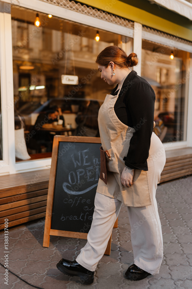 Φωτογραφία The female owner walks and looks at the sign at the entrance to the cafe, on the