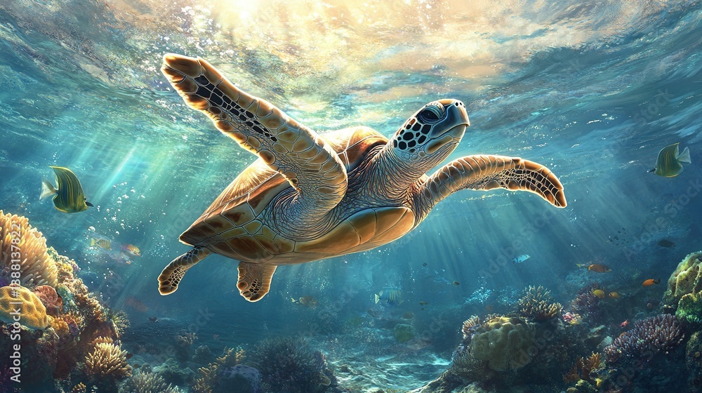 Obraz premium A sea turtle swimming gracefully in a crystal-clear tropical ocean, its shell catching the sunlight, with coral reefs and schools of fish nearby.