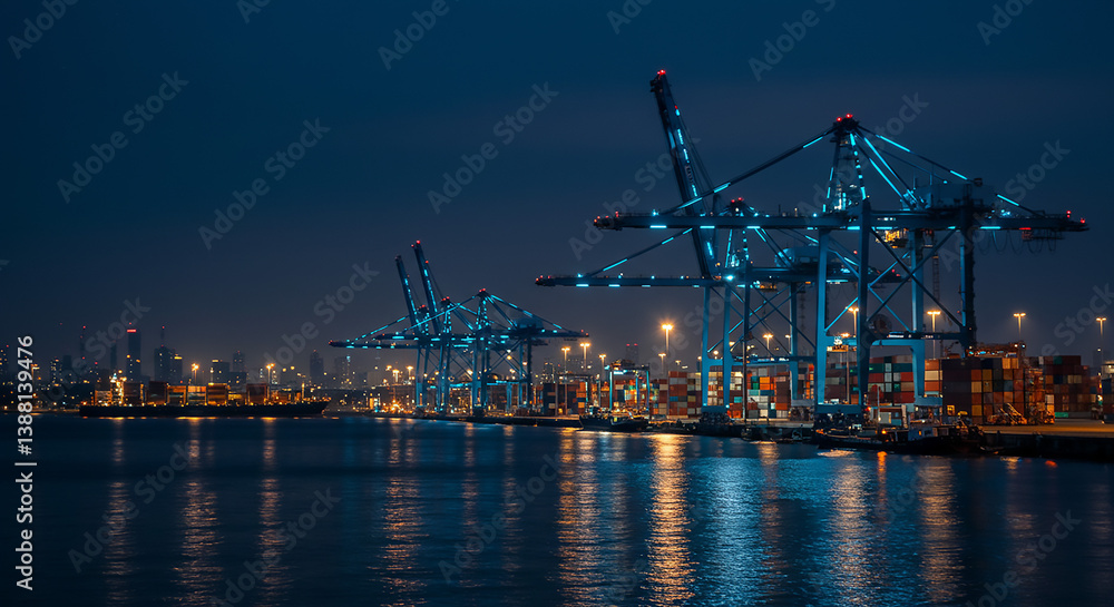 Night view of a port with cranes and cargo containers reflecting in the water at night time scene Night view of a port with cranes and cargo containers reflecting in the water at night time scene