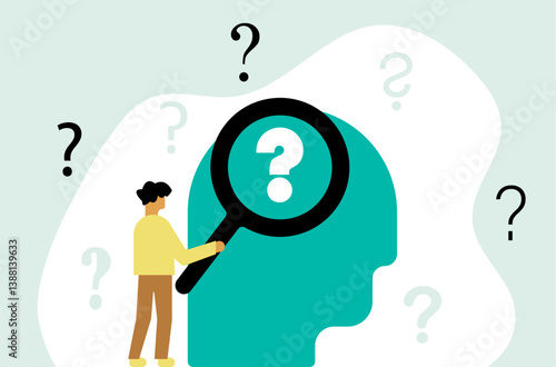 Man analyzing mental confusion with magnifying glass illustration