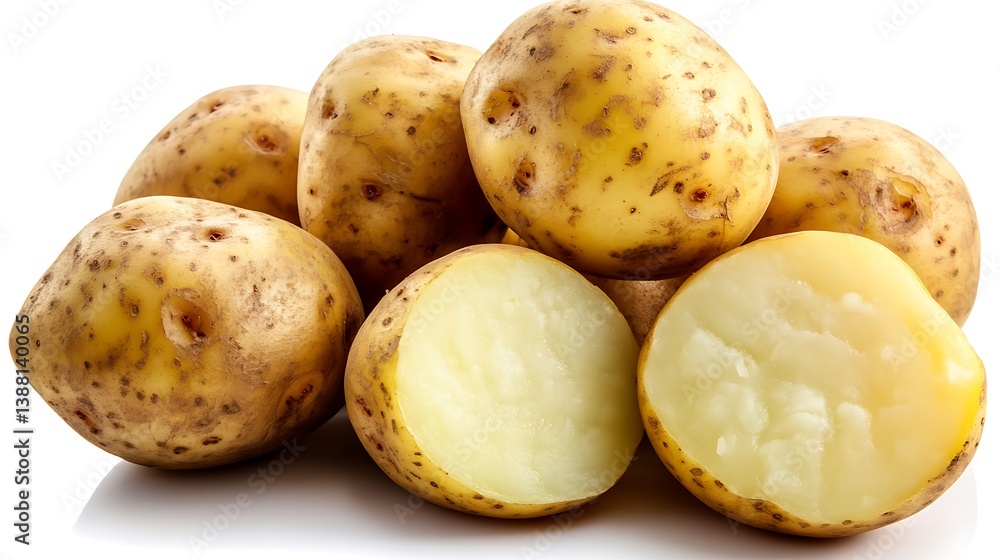 A close up shot of several potatoes with one cut in half on white A close up shot of several potatoes with one cut in half on white