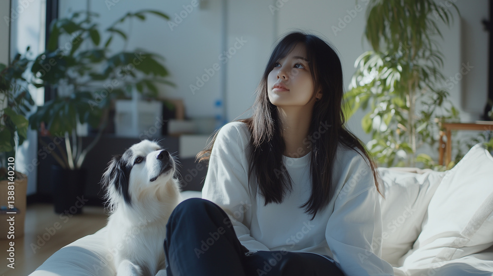 Young woman sitting on white couch with border collie dog in modern apartment with houseplants, both looking up