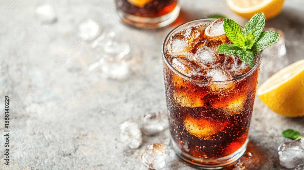 Cold sparkling cola with ice, lemon slices, and fresh mint served in a clear glass on a textured light grey surface—perfect for drink menus, summer ads, and food blogs Cold sparkling cola with ice, lemon slices, and fresh mint served in a clear glass on a textured light grey surface—perfect for drink menus, summer ads, and food blogs