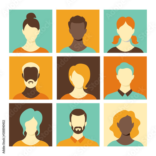 Collection of nine colorful faces of men and women with different hairstyles. Vector avatars of different people, social network profiles