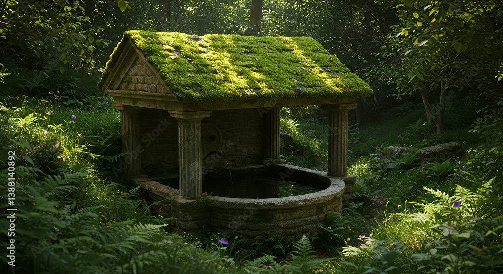 Enchanting Neoclassical Springhouse With a Moss Covered Roof in a Shaded Glen Enchanting Neoclassical Springhouse With a Moss Covered Roof in a Shaded Glen