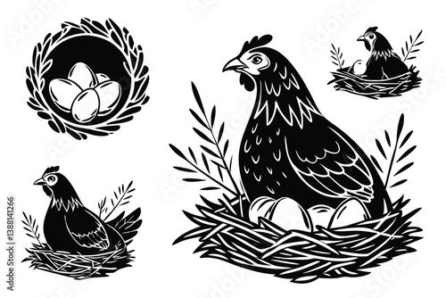 Vintage Hen Nesting – Woodcut Engraving Style Vector Illustration

