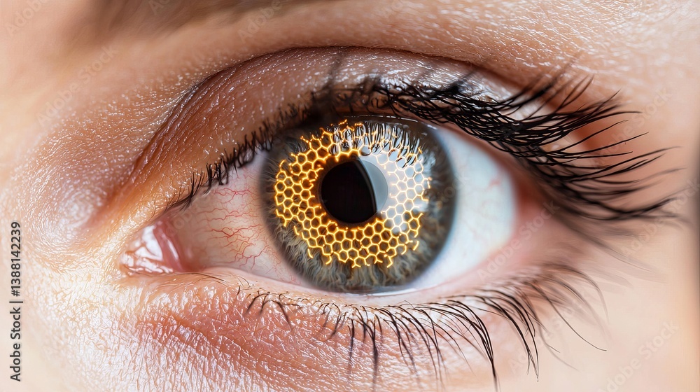 Fototapeta premium Close-up of a mesmerizing human eye with a striking honeycomb pattern, showcasing intricate details in a surreal, artistic style.