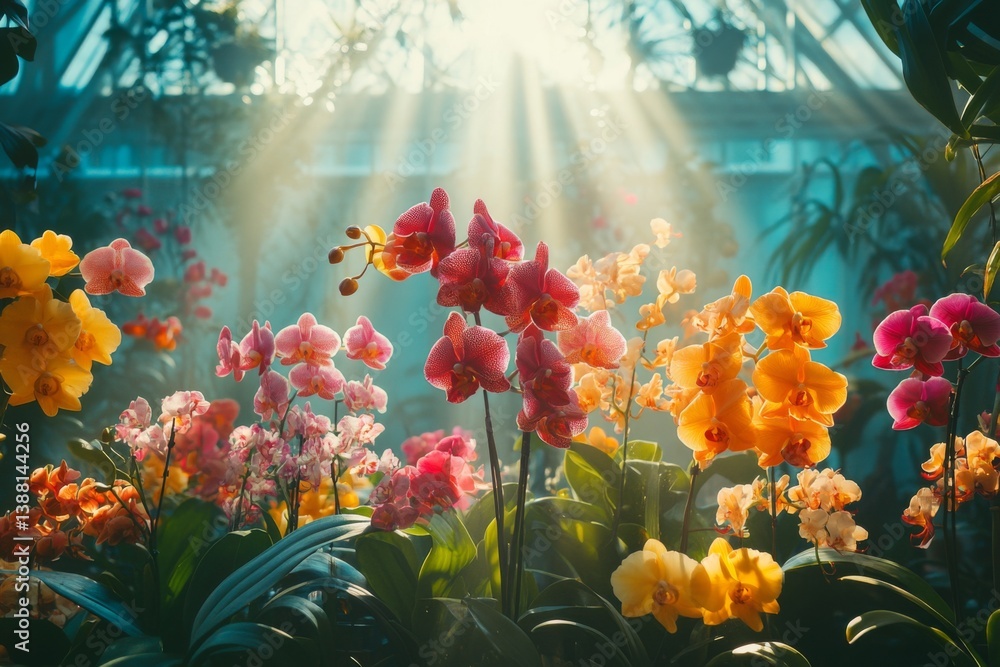 Obraz premium Sunlight shining through colorful blooming flowers in garden