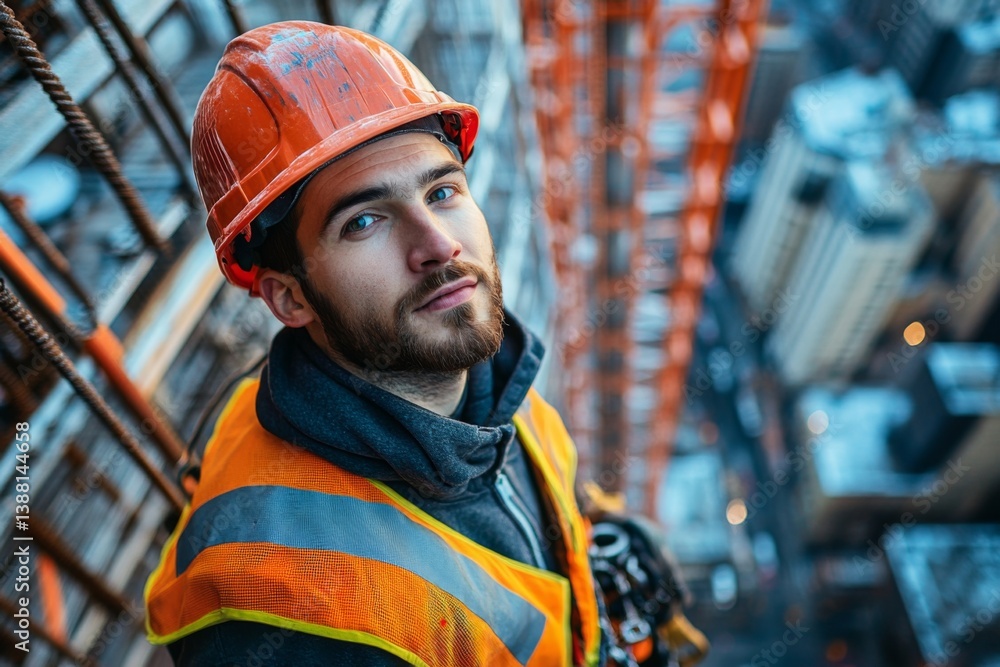 Portrait of a construction worker in helmet and safety vest at industrial site Portrait of a construction worker in helmet and safety vest at industrial site