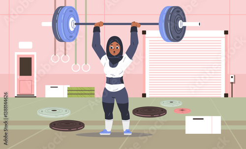 Muslim strong woman lifts barbell over head at gym. Weight lifting training flat vector illustration