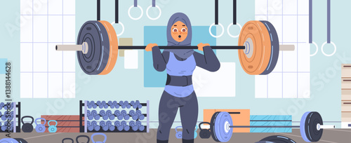 Arabian sport woman in sportswear lifting barbell. Sport gym training flat vector illustration
