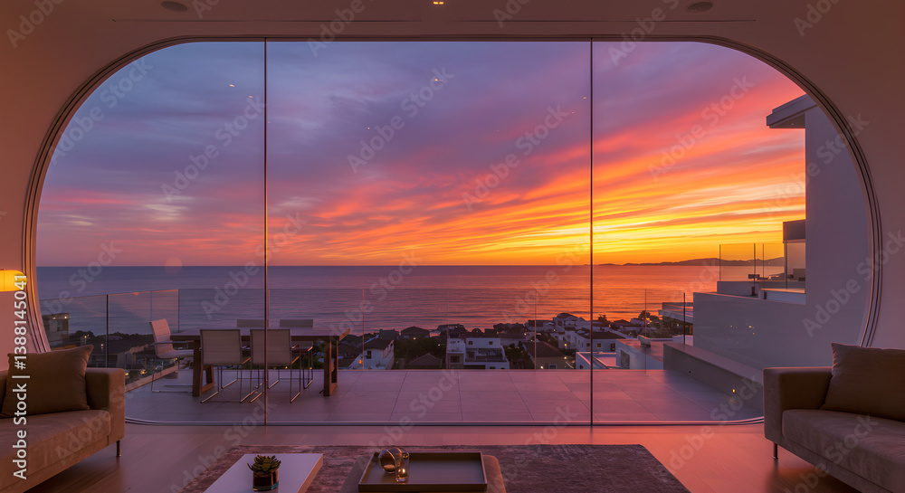 Fototapeta premium Panoramic Penthouse View Of A Coastal Sunset Through Arched Glass Walls