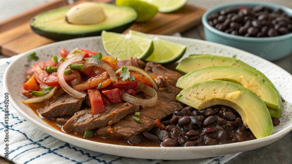 Delightful bistec encebollado with black beans and fresh avocado served on a plate with lime wedges Delightful bistec encebollado with black beans and fresh avocado served on a plate with lime wedges