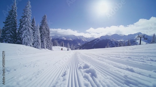 Groomed Ski Slope in Scenic Winter Mountain Landscape